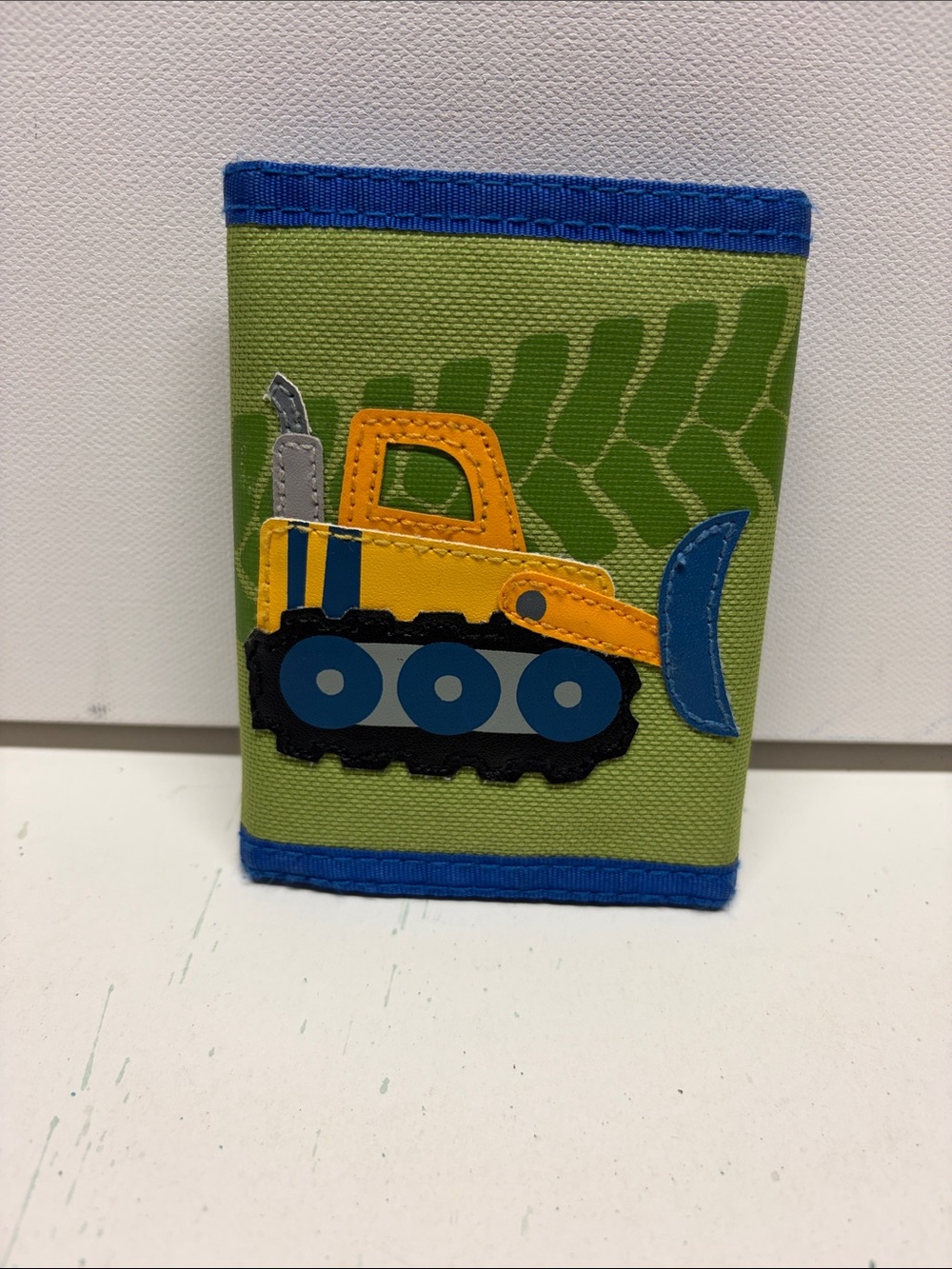 Green Kids Wallet with Yellow Bulldozer Applique and Blue Trim